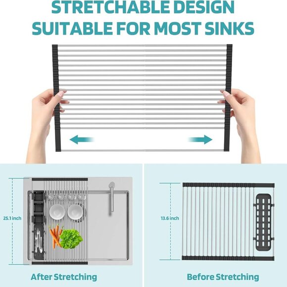 Extra Large Black Expandable Roll Up Dish Drying Rack Up to 25.1''with 2 Storage - Picture 6 of 7